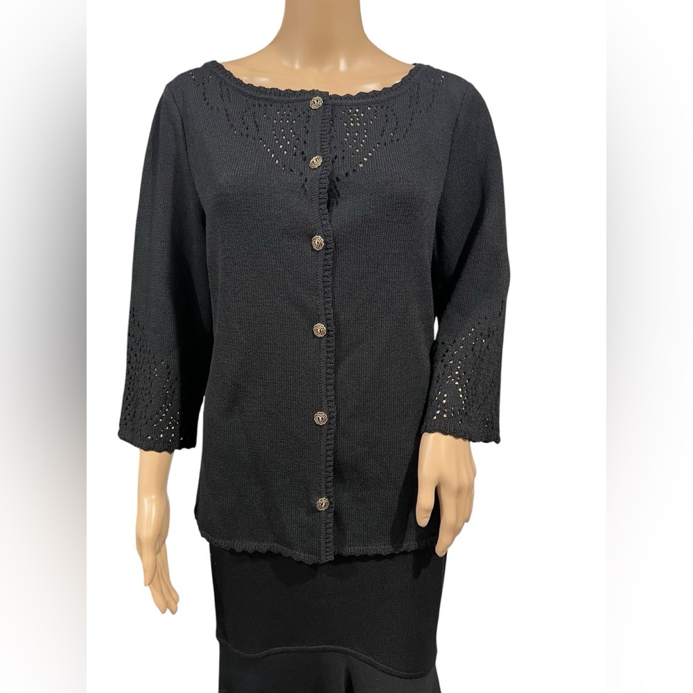 ST. JOHN COLLECTION Womens Cardigan Black Crochet Open Knit Sweater Size M